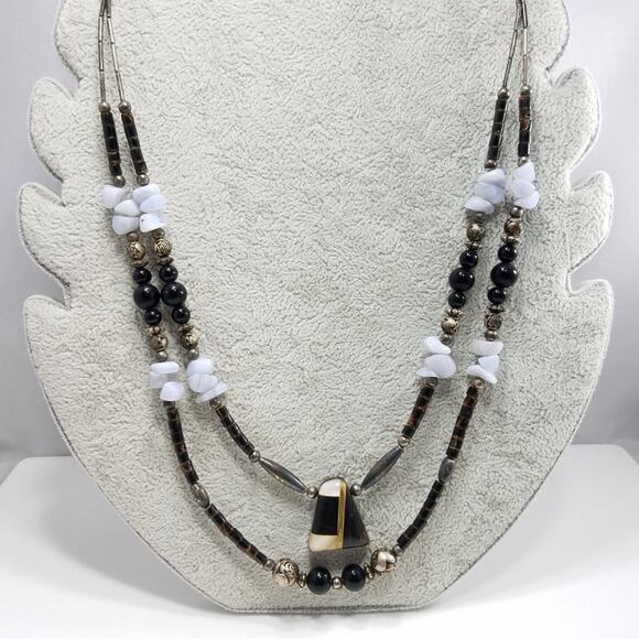 Vintage Artisan Gemstone Natural Bead Necklace, Quartz Shell Wood, 23 Inches - Picture 9 of 10